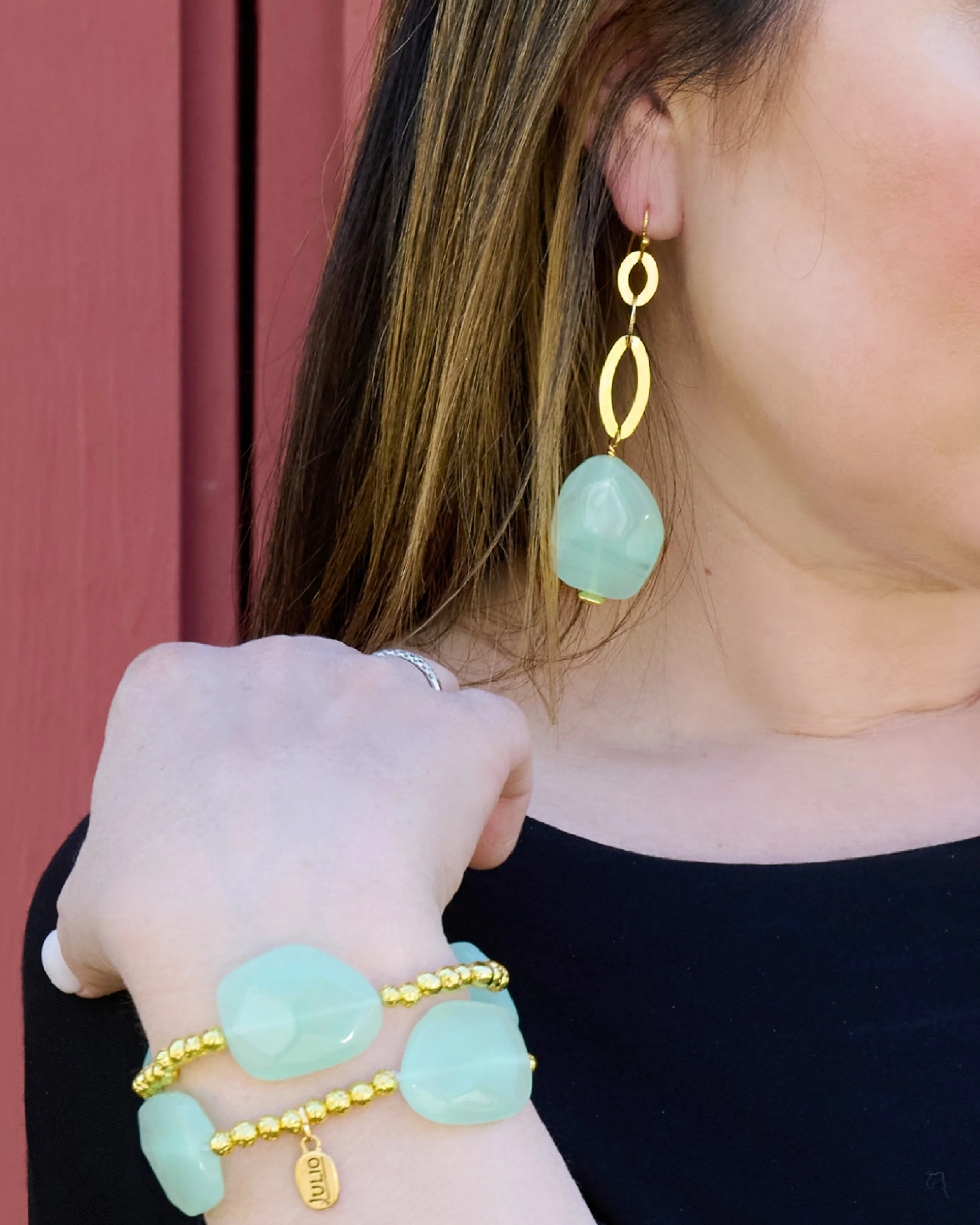 Raton Aqua Crystal and Brass Dangle Earrings