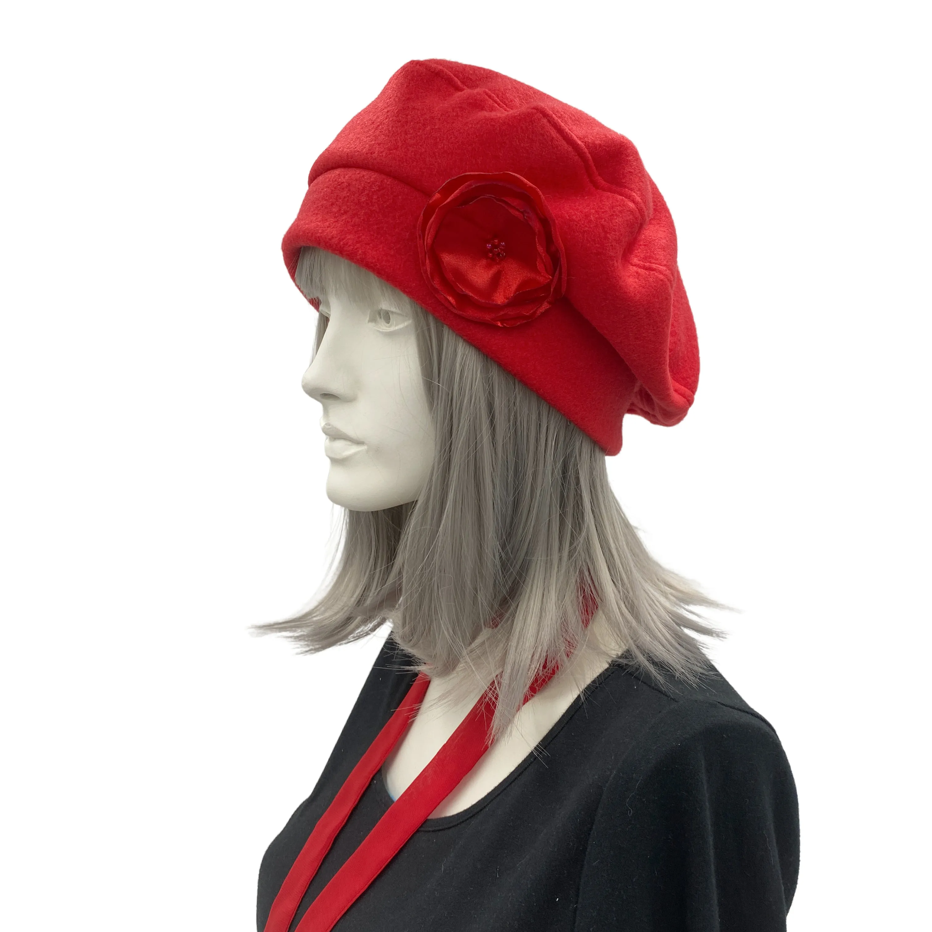 Red Fleece French Beret Hat with Satin Rose