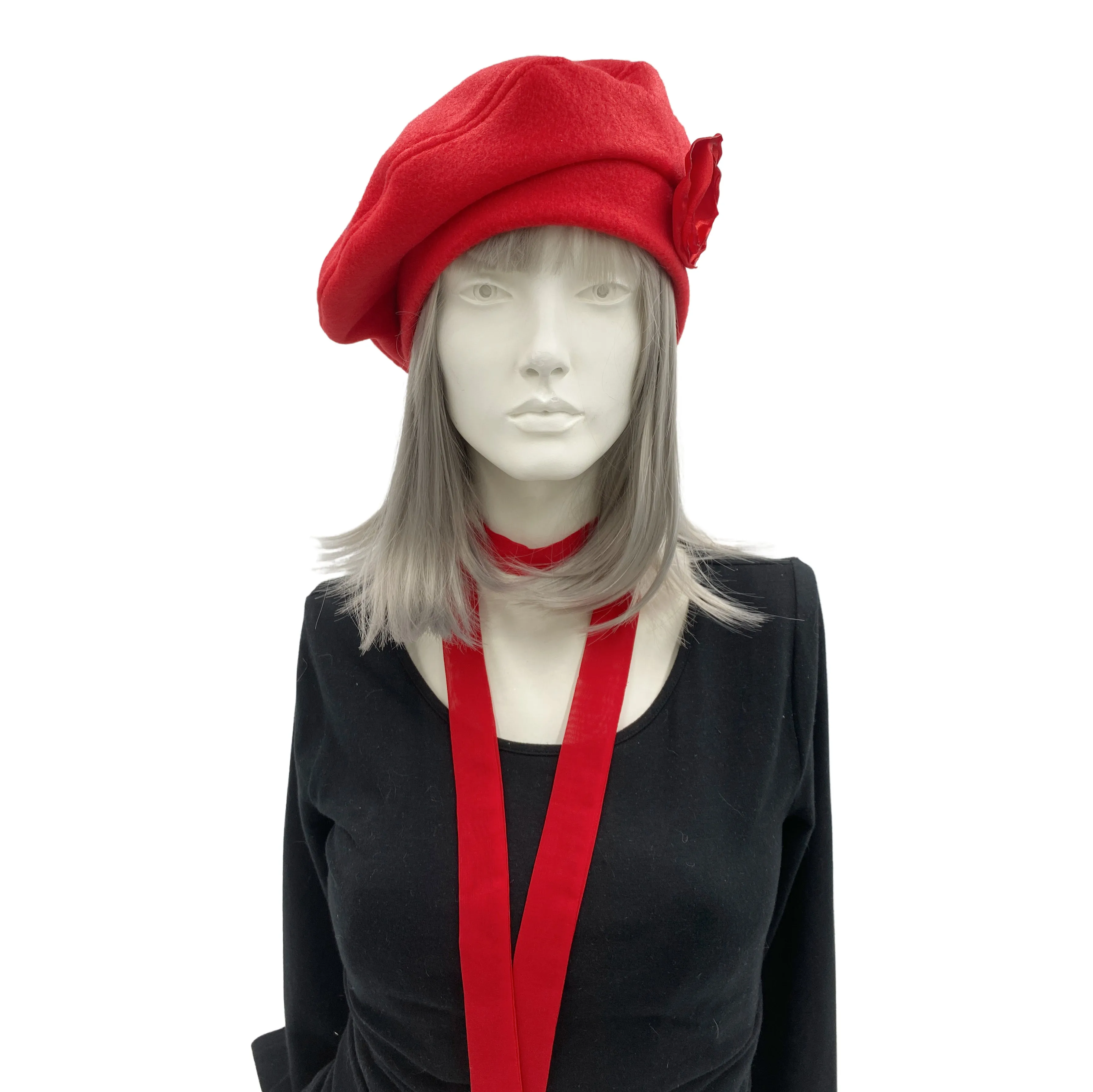 Red Fleece French Beret Hat with Satin Rose