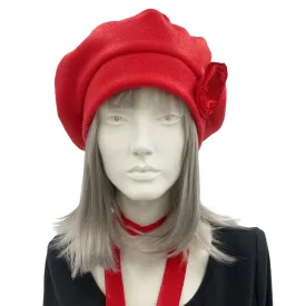 Red Fleece French Beret Hat with Satin Rose