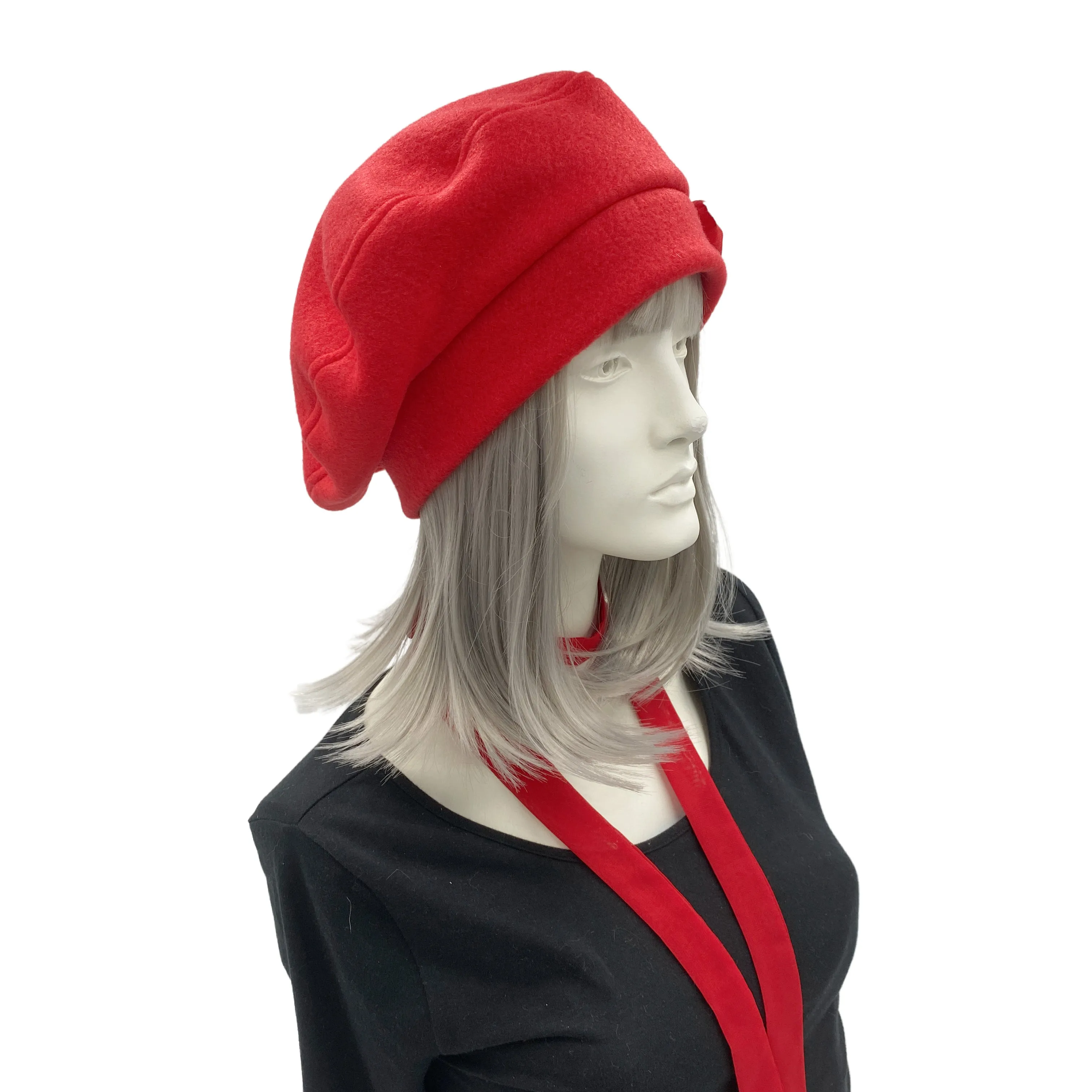 Red Fleece French Beret Hat with Satin Rose