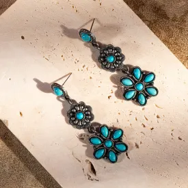 Vintage-Inspired Rustic Couture Squash Blossom Drop Earrings in Vibrant Turquoise