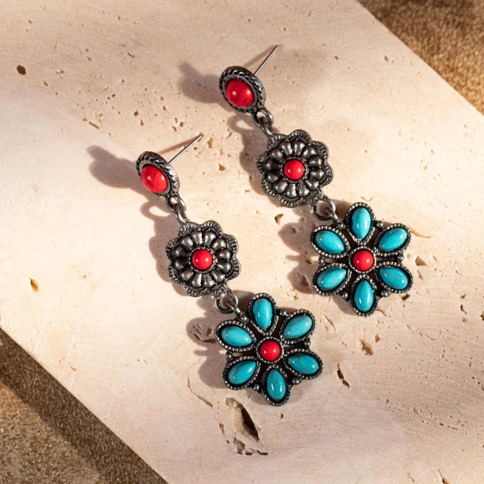 Vintage-Inspired Rustic Couture Squash Blossom Drop Earrings in Vibrant Turquoise