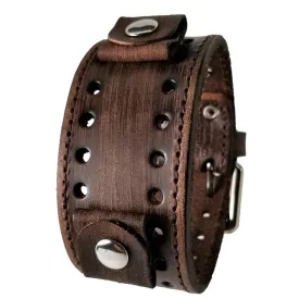 Stitched Perforated Brown Leather Cuff