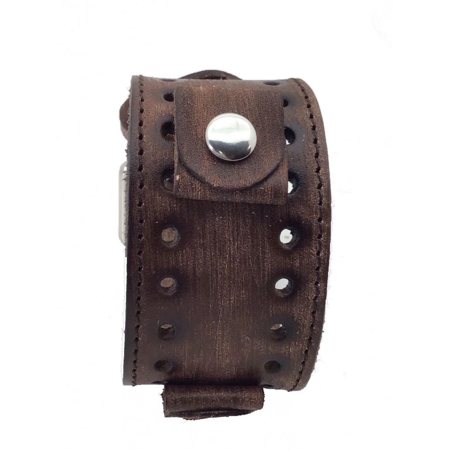 Stitched Perforated Brown Leather Cuff