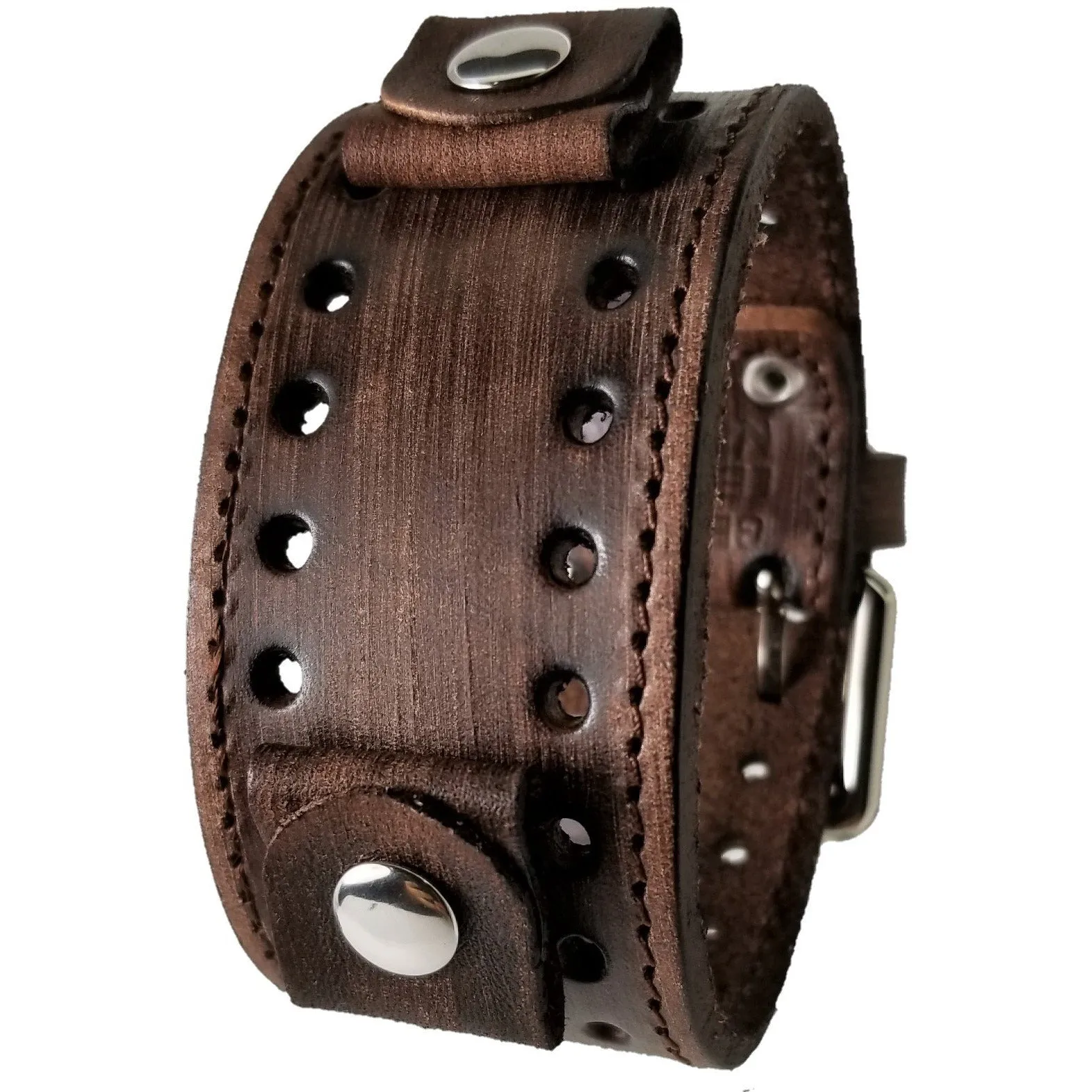 Stitched Perforated Brown Leather Cuff