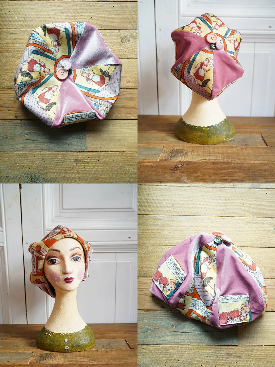 Unlogical Poem Illustration Print Patchwork Beret