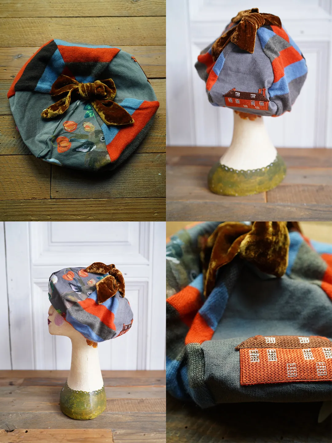 Unlogical Poem Illustration Print Patchwork Beret