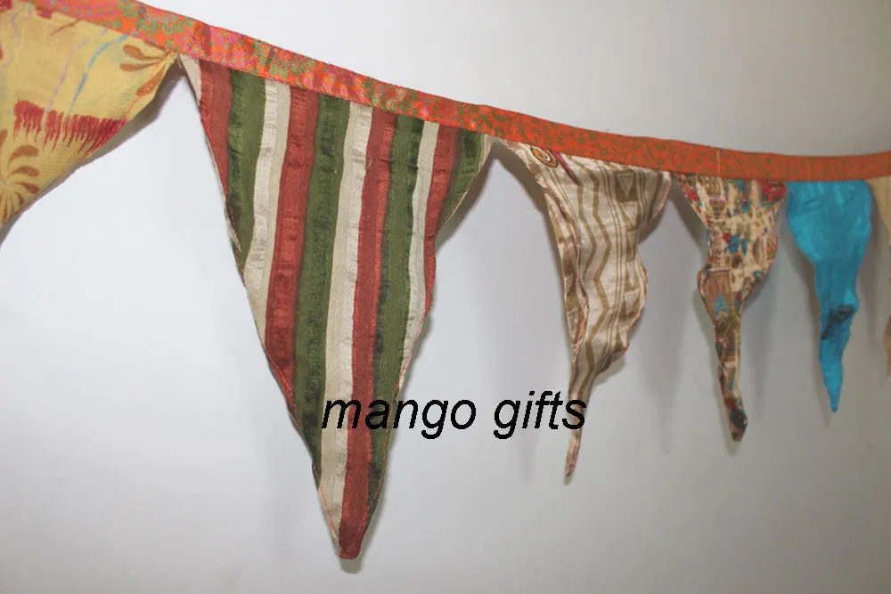 Vintage Recycled Silk sari Fabric Bunting Tea Party Flag X-Mas Multicolour Garland 2 Meters