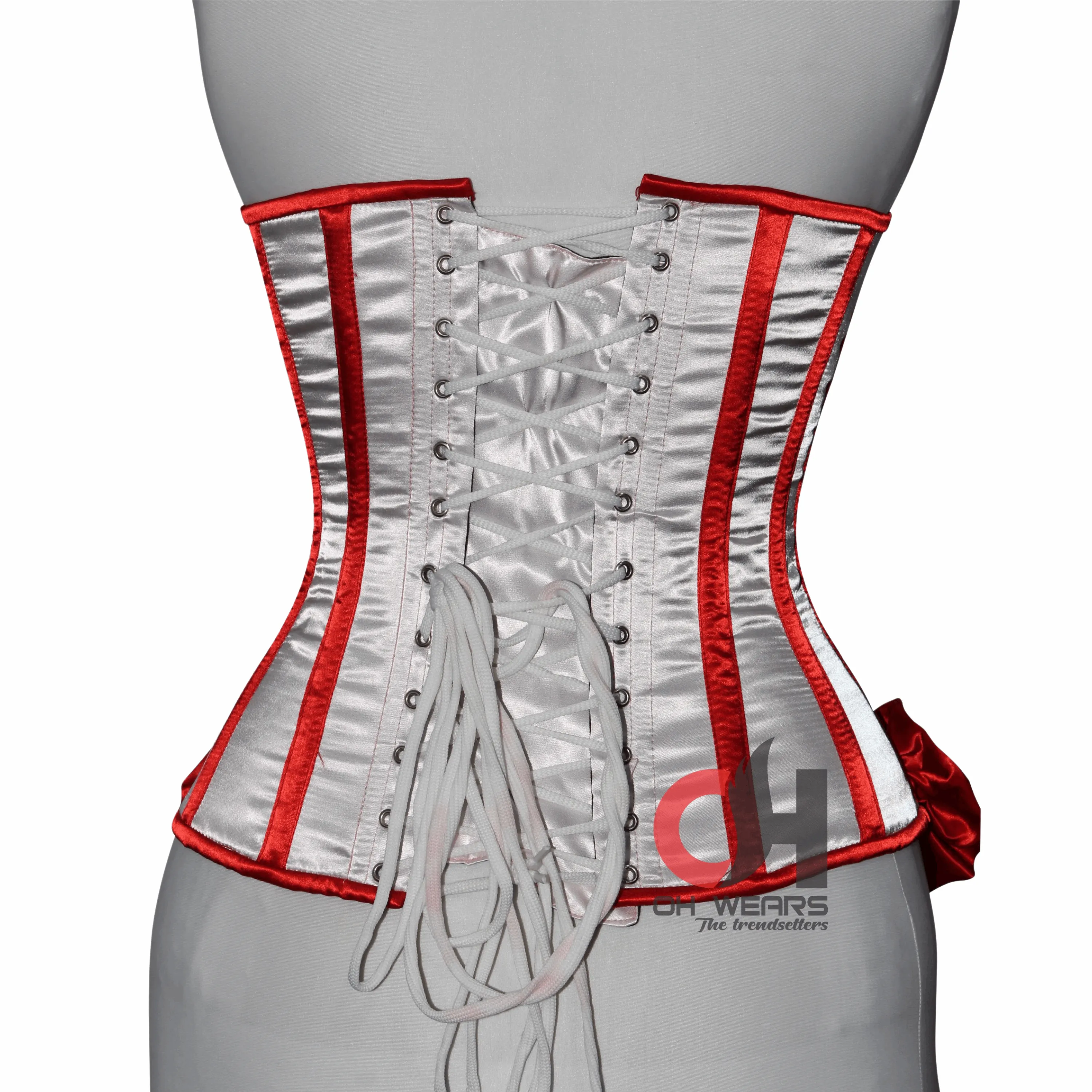 White and Red Satin Overbust Corset - Steel Boned