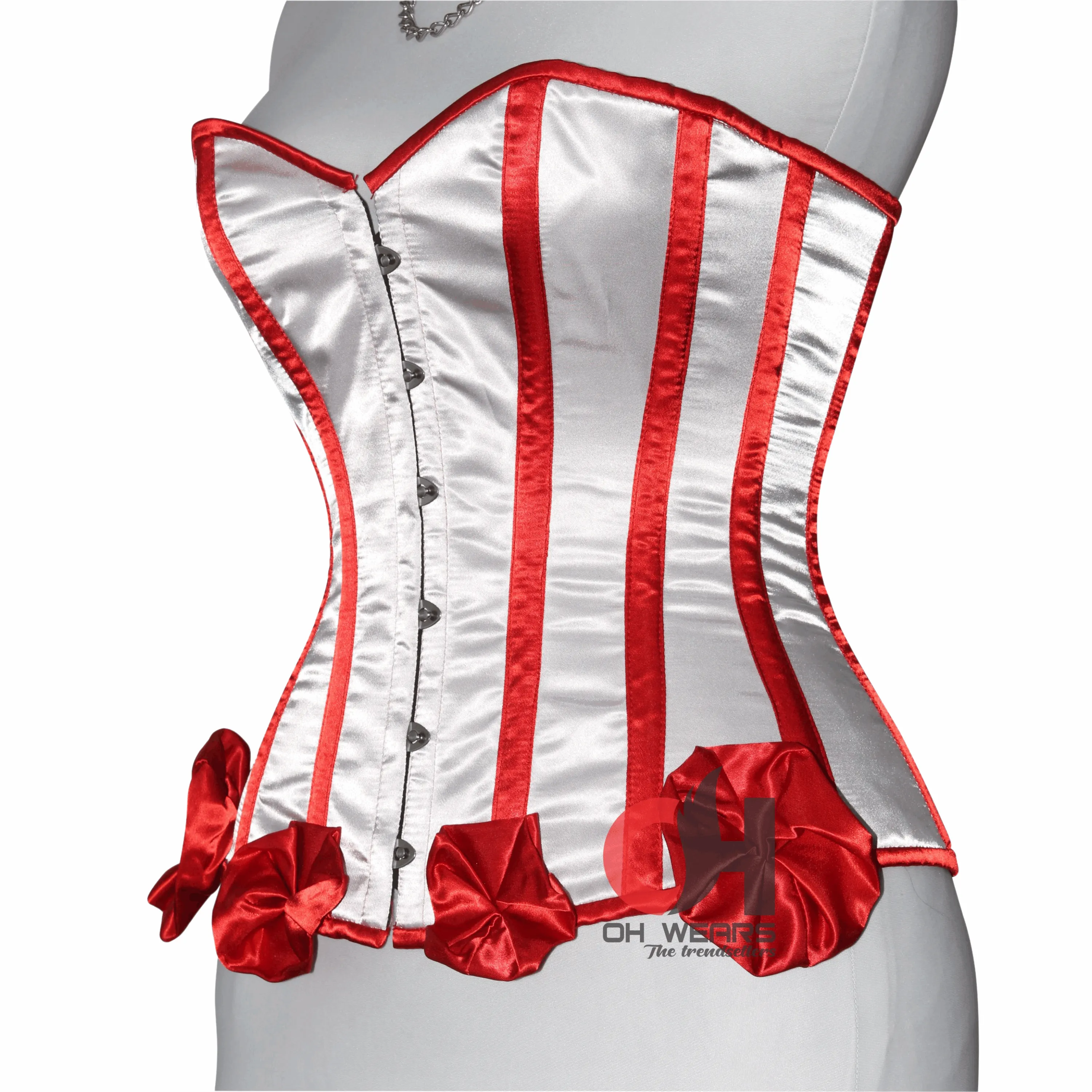 White and Red Satin Overbust Corset - Steel Boned