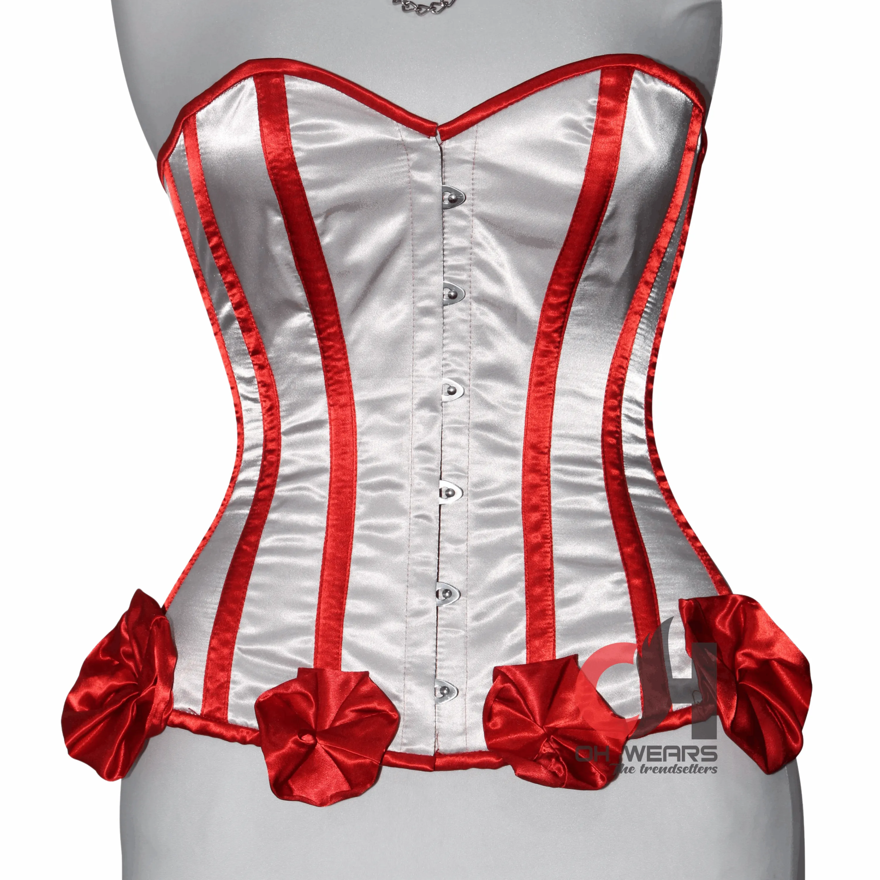 White and Red Satin Overbust Corset - Steel Boned