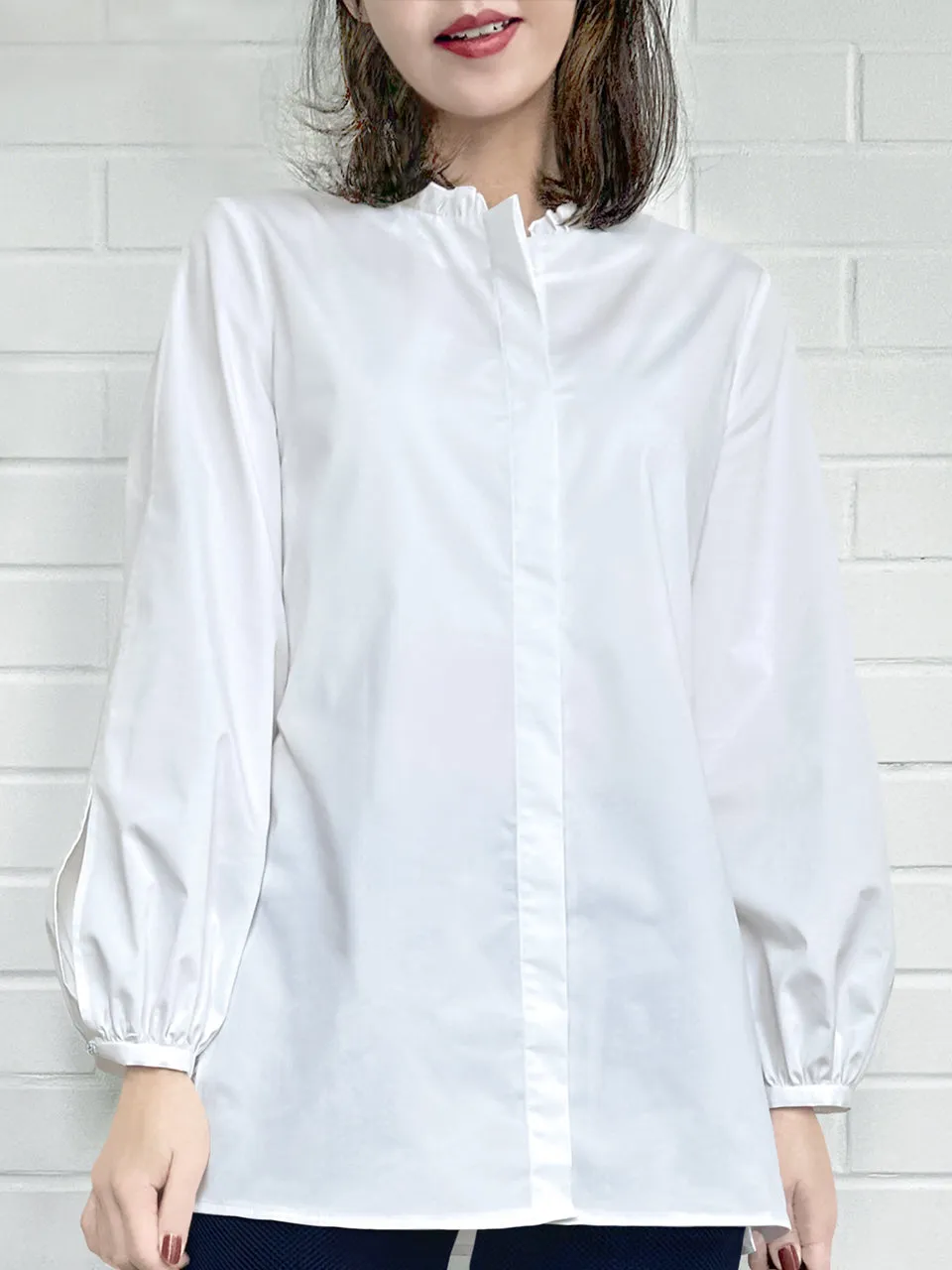 White Slits Detailed Balloon Sleeves Ruffled Longline Shirt