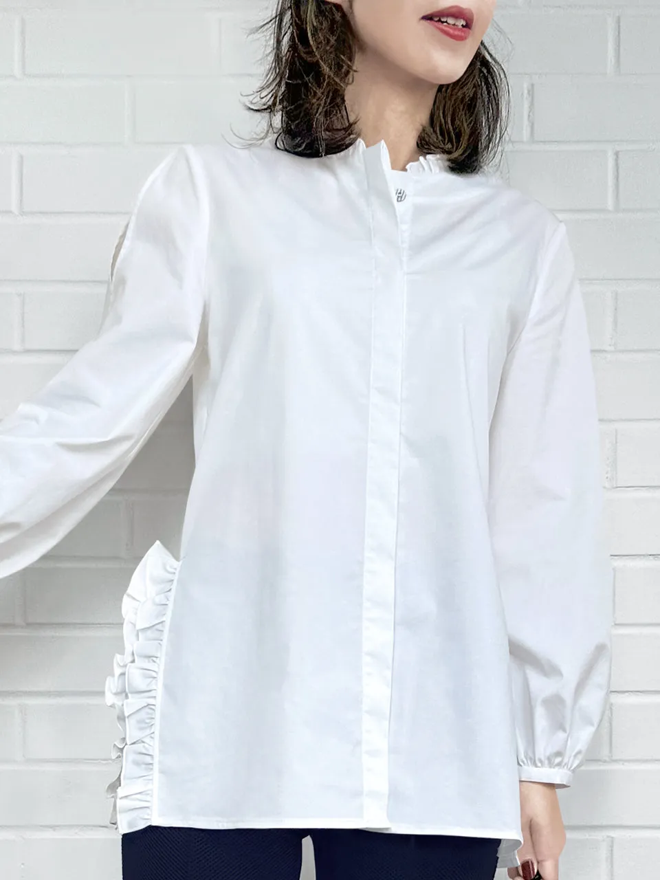 White Slits Detailed Balloon Sleeves Ruffled Longline Shirt