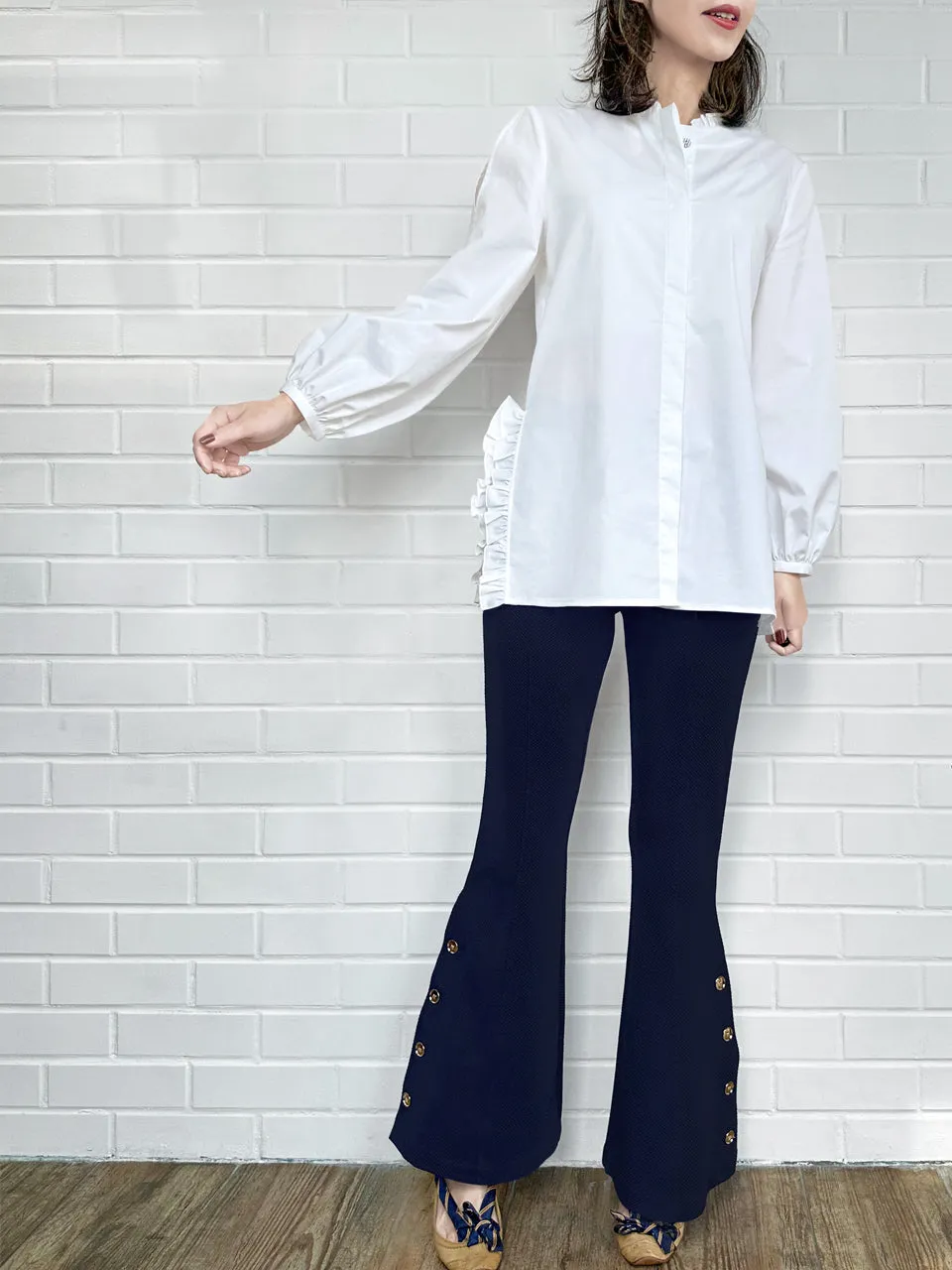 White Slits Detailed Balloon Sleeves Ruffled Longline Shirt