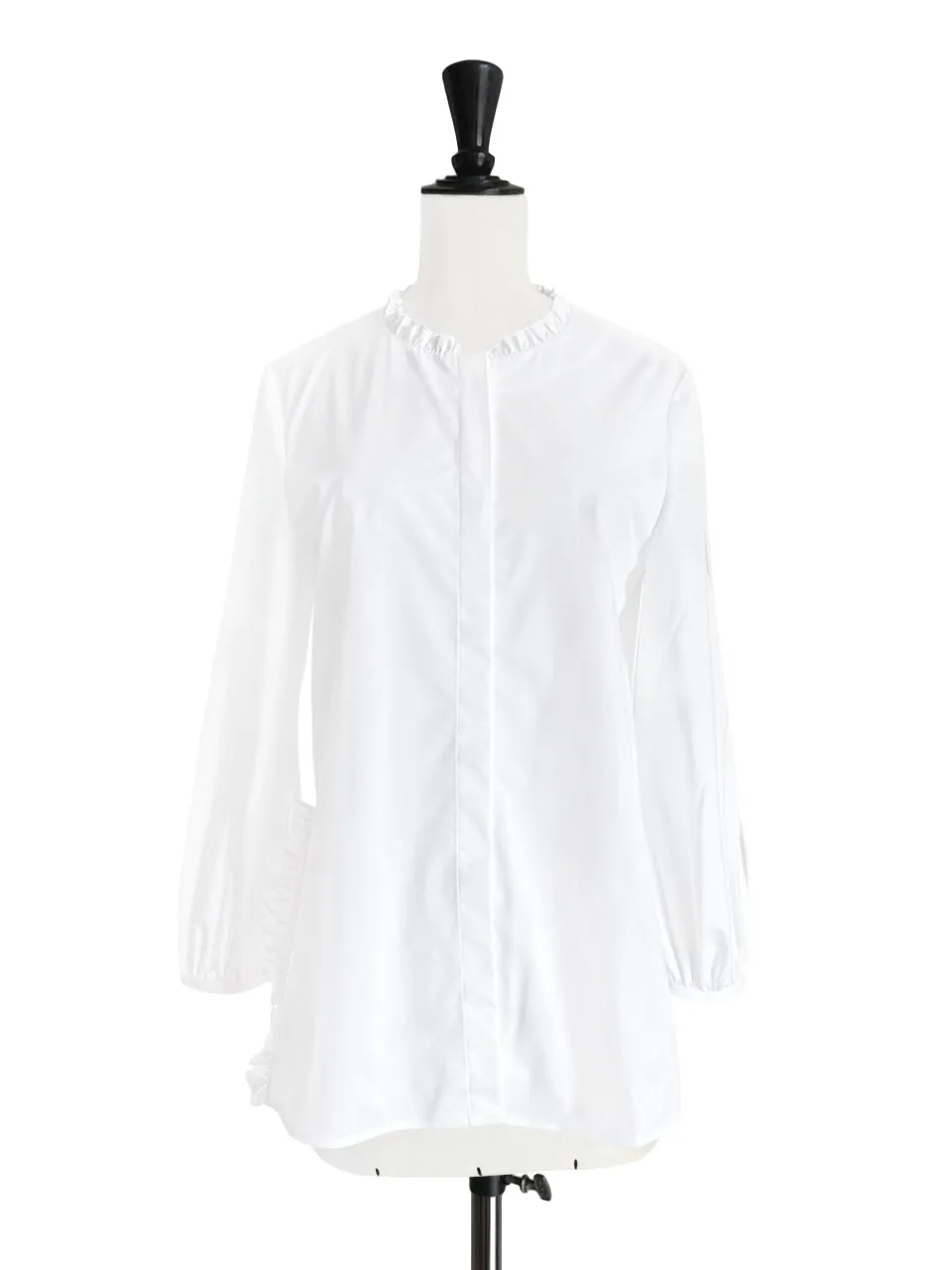 White Slits Detailed Balloon Sleeves Ruffled Longline Shirt