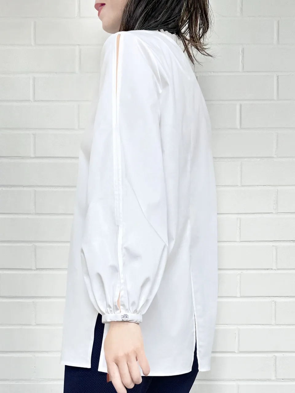 White Slits Detailed Balloon Sleeves Ruffled Longline Shirt