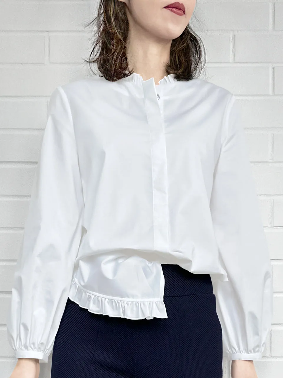 White Slits Detailed Balloon Sleeves Ruffled Longline Shirt