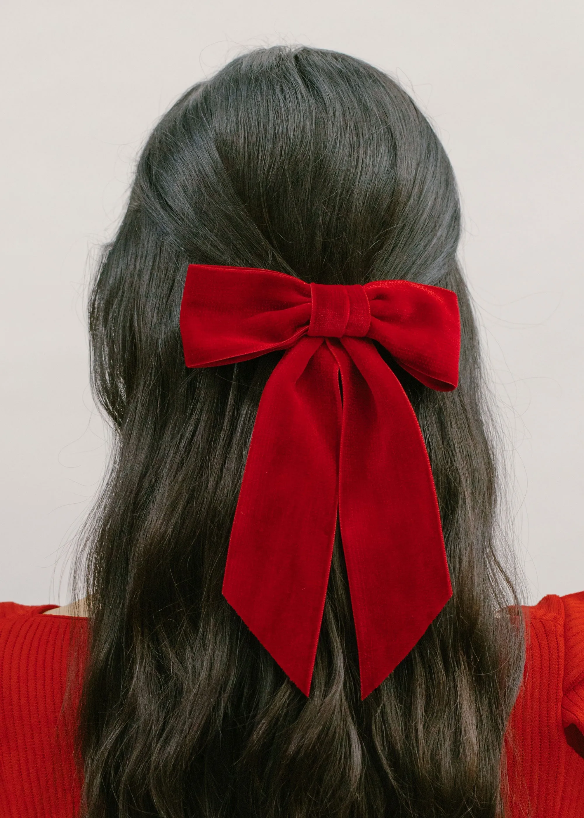 Wide Velvet Bow Barrette -- Rouge